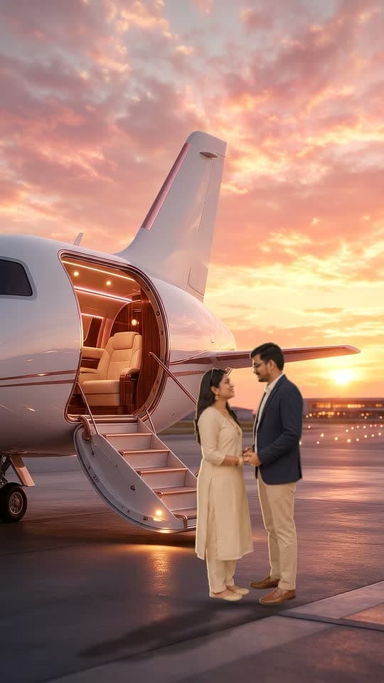 Private Jet Escape, 3D save the date video: a boarding pass, champagne and contrails that draw a heart