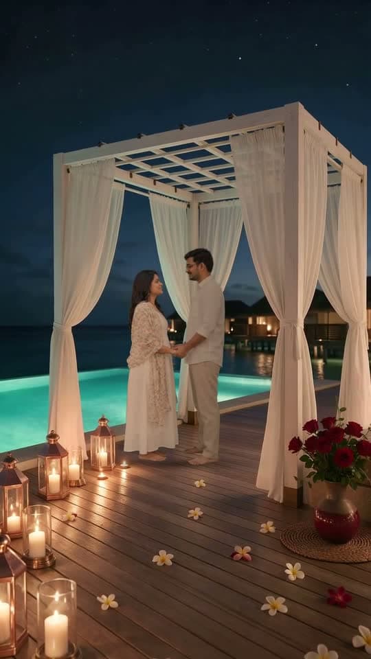Private Pool Villa, 3D save the date video: floating candles, a glass floor and a glowing lagoon