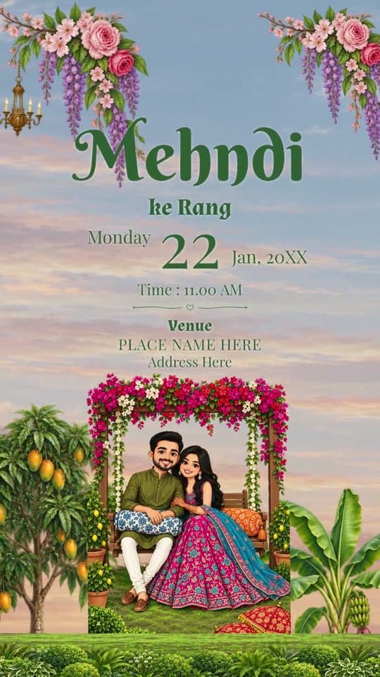 Chhatri Garden, caricature wedding invitation video: each function tilts up to the sky and settles back into a garden of chhatris