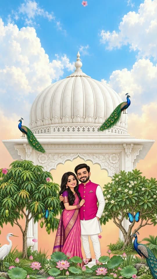 Chhatri & Baraat, caricature wedding invitation video: ganesh, a chhatri with peacocks and a baraat marching in