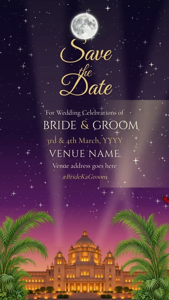 Moonlit Colonnade, caricature save the date video: a shooting star, a gold crest and a push through the arch to the palace