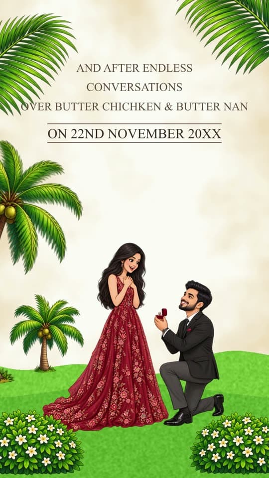 Our Love Story, caricature wedding invitation video: where you met, the route on the map, the proposal — then every function