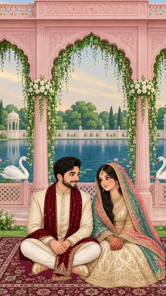 Nikah by the Lake, caricature wedding invitation video: a lakeside arcade, Bismillah, and swans that meet in the middle