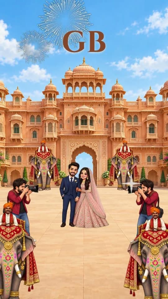 Palace & Fireworks, caricature wedding invitation video: elephants, photographers, a boat on the lake and fireworks for the finale