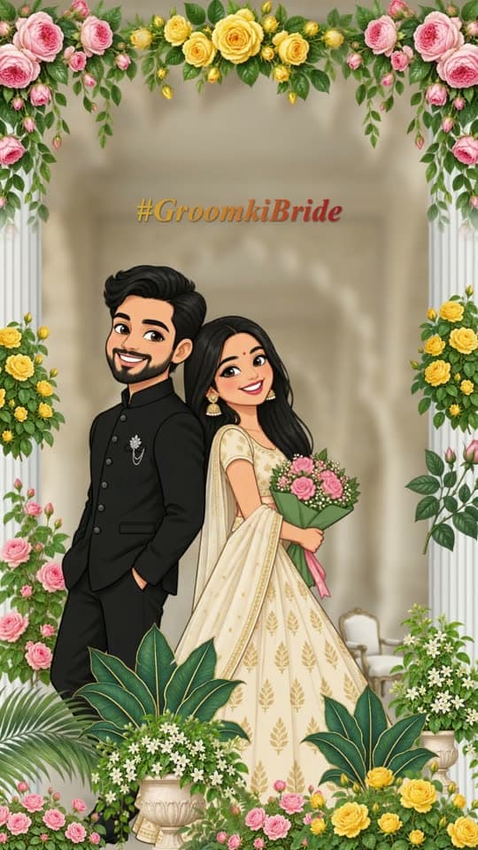Rose Corridor, caricature save the date video: roses, your monogram, your hashtag and Save the Date