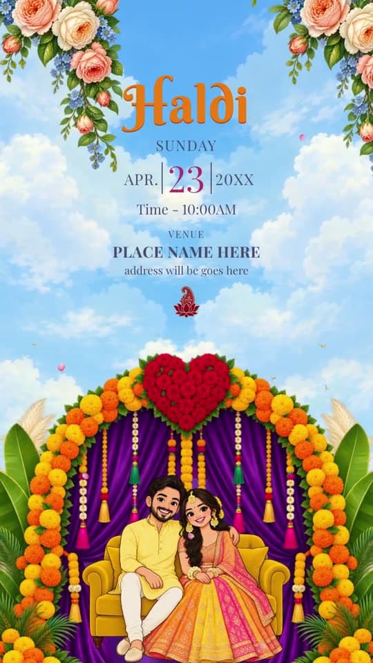 Anand Karaj, caricature wedding invitation video: page-curl turns through Haldi, Mehendi, Jaggo and the Anand Karaj