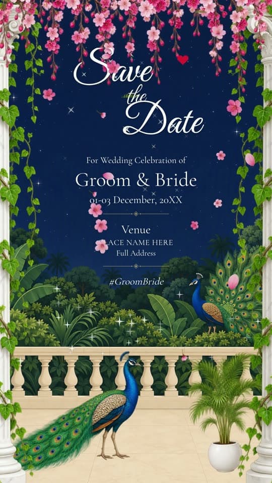 Villa Night, caricature save the date video: french doors swing open onto a starry terrace with a peacock and palms
