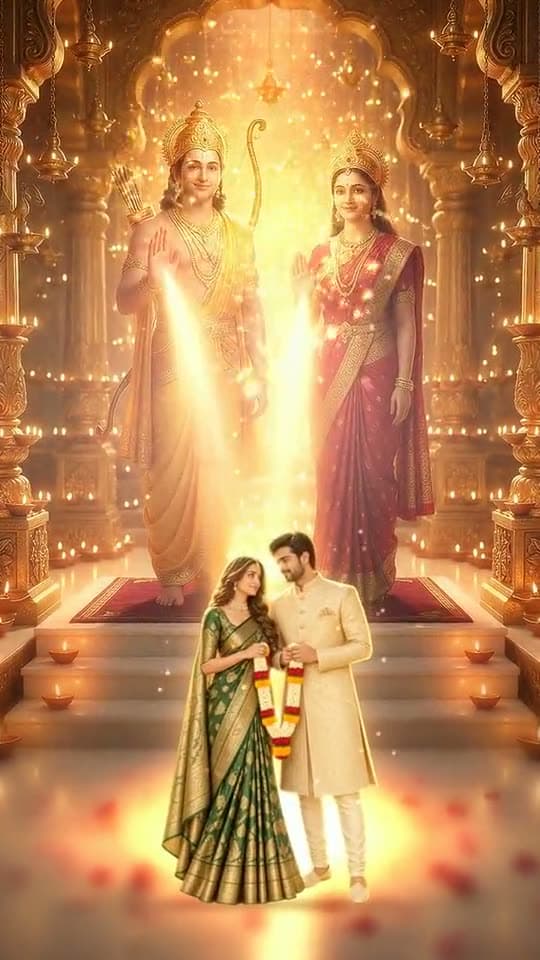 Ayodhya, a 3D wedding invitation video: temple ghats, diyas and ram sita's blessing.