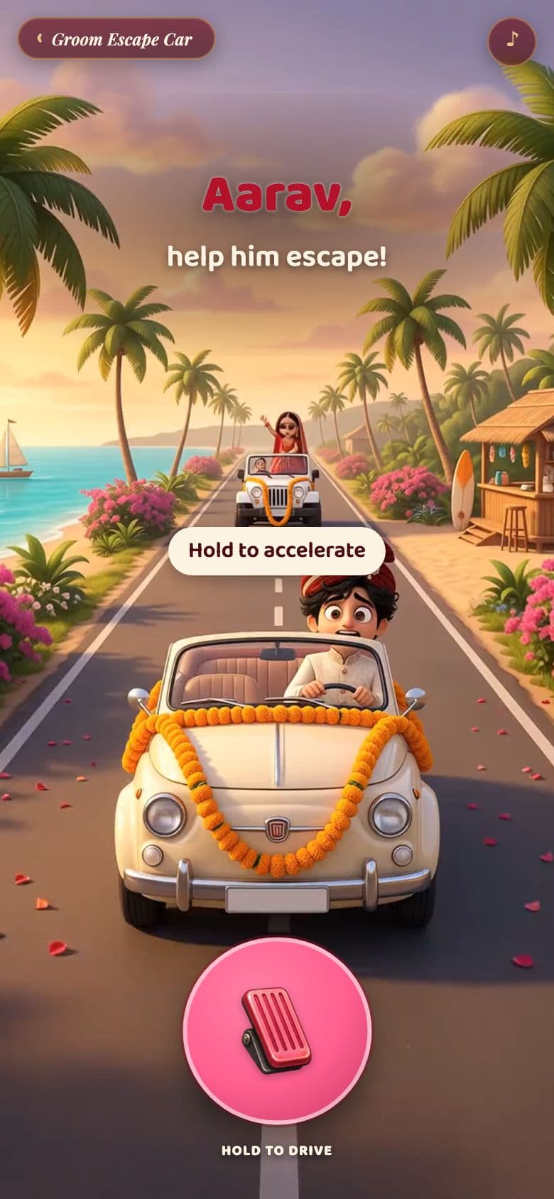 Groom Escape Car game poster: the groom's getaway car on the road