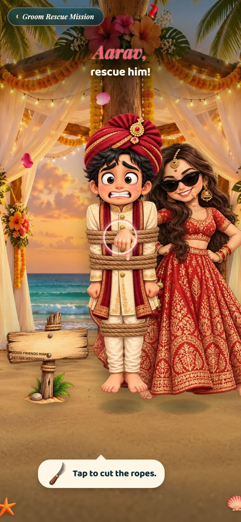 Groom Rescue Mission game poster: the groom tied up in ropes