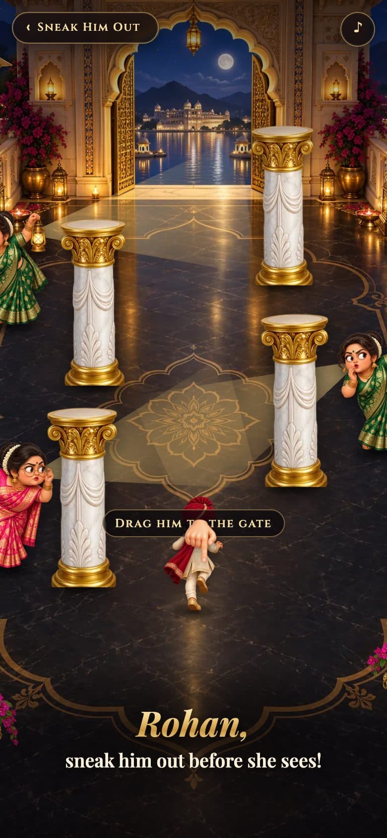 Sneak Him Out game: the groom creeping past lanterns and aunties
