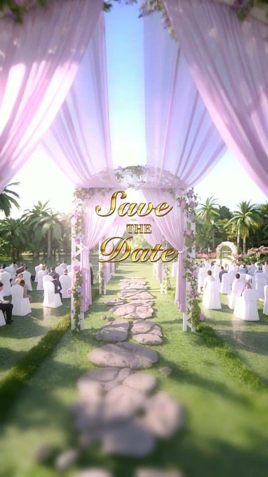 Garden 3D save the date: a white-draped aisle in a tropical garden
