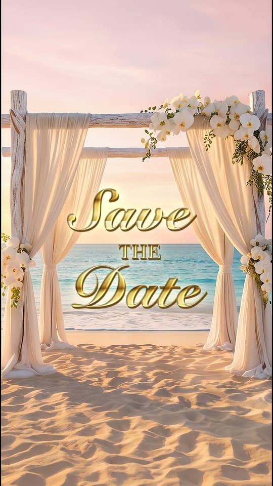 Goa 3D save the date: a draped wedding canopy on the beach