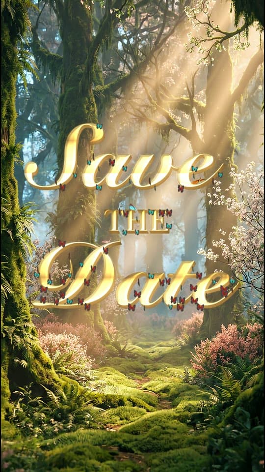 Kerala Forest 3D save the date: gold letters in a sunlit forest glade