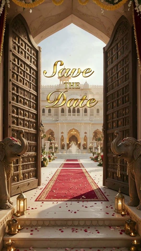 Rajasthan Palace 3D save the date: carved doors open onto a palace courtyard