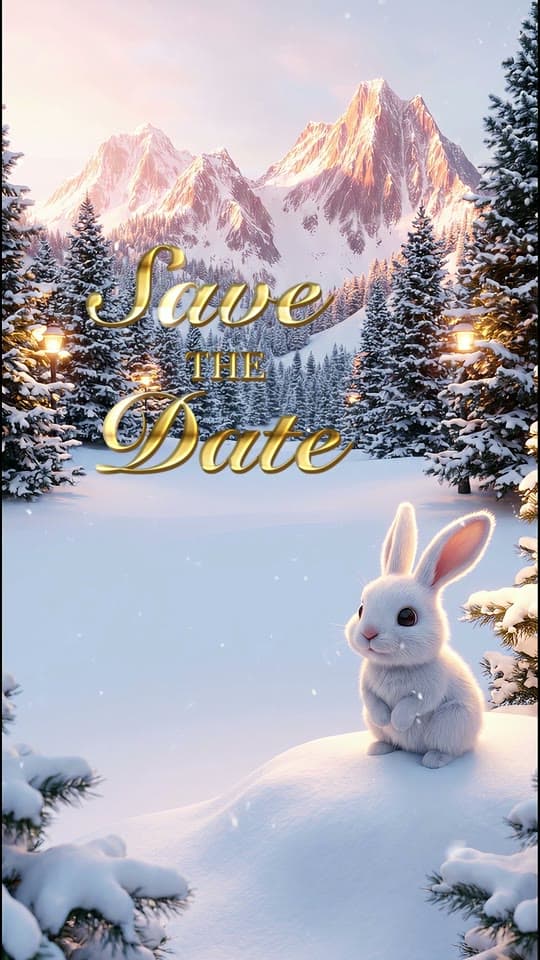 Manali Snow 3D save the date: gold letters over snowy peaks with a white rabbit