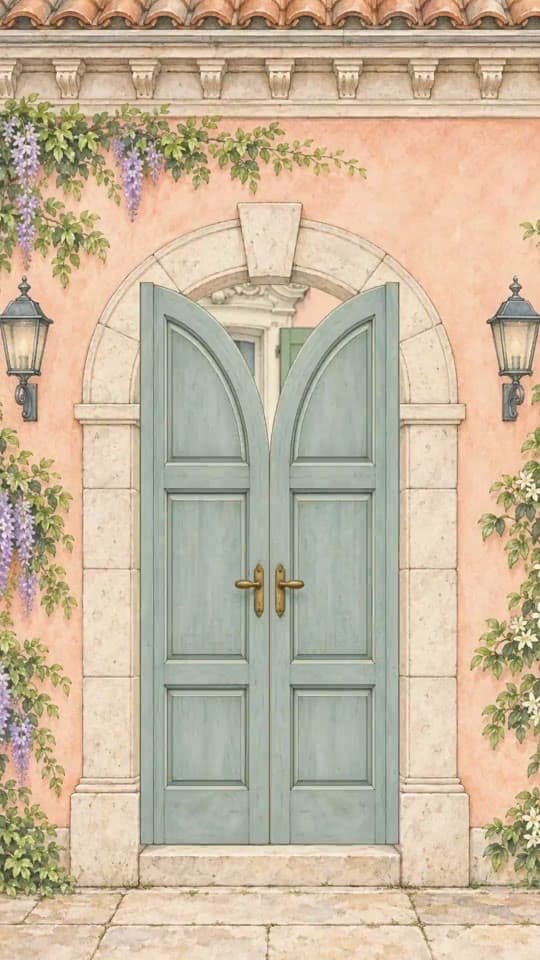 Bellagio animated save the date: a pink villa doorway framed in wisteria
