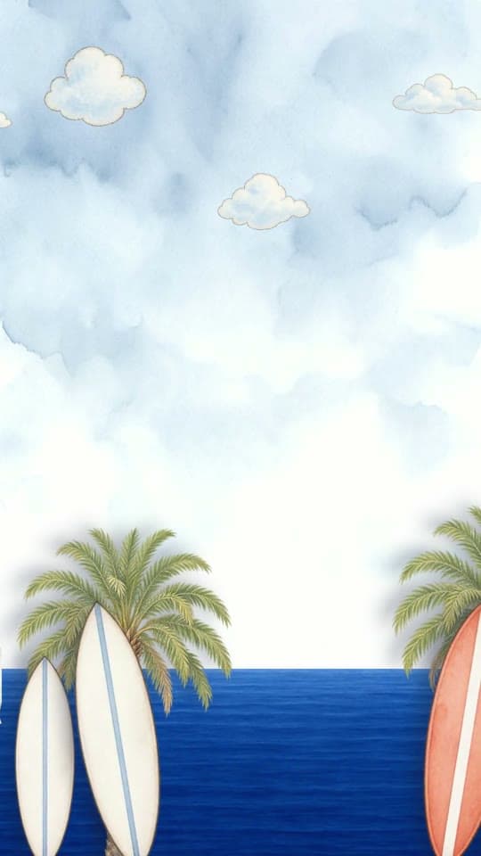 California animated save the date: palms and surfboards by the sea