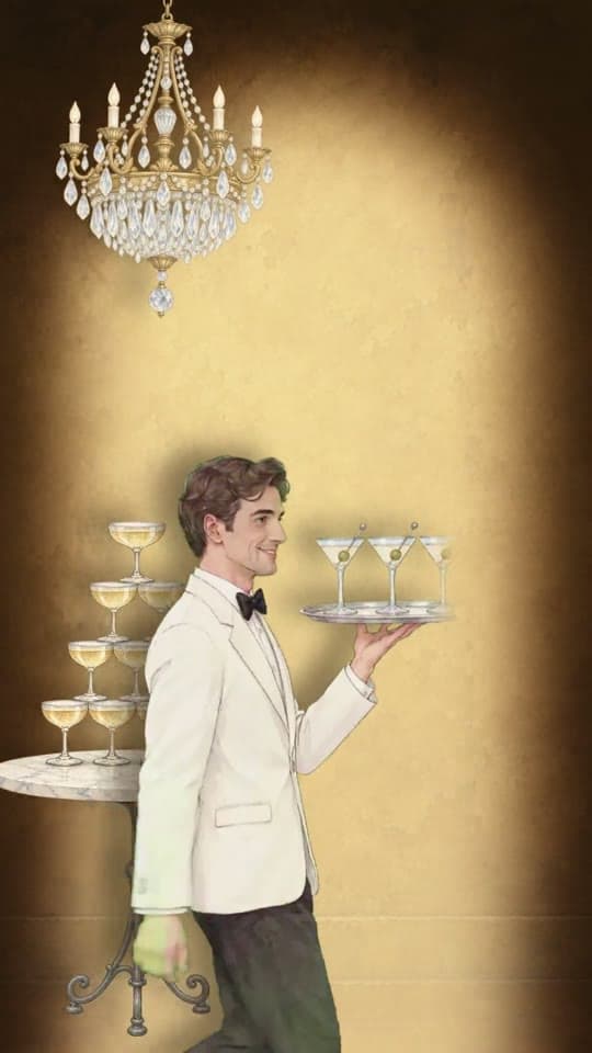 Divine Dining animated save the date: a waiter holding champagne under a chandelier
