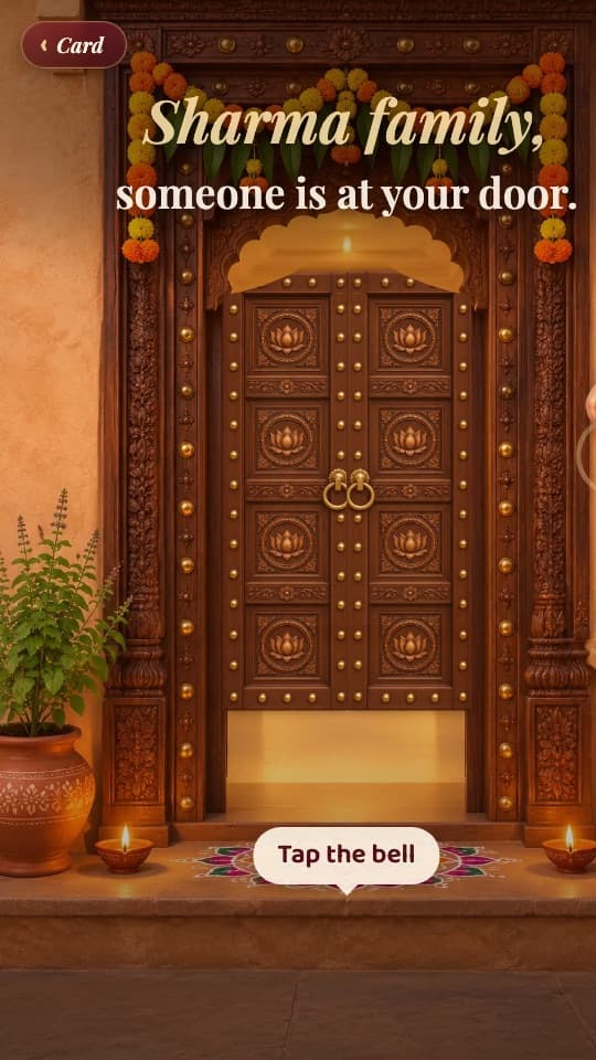 Card Dene Aaye Hain: a carved front door with a doorbell and the family's name