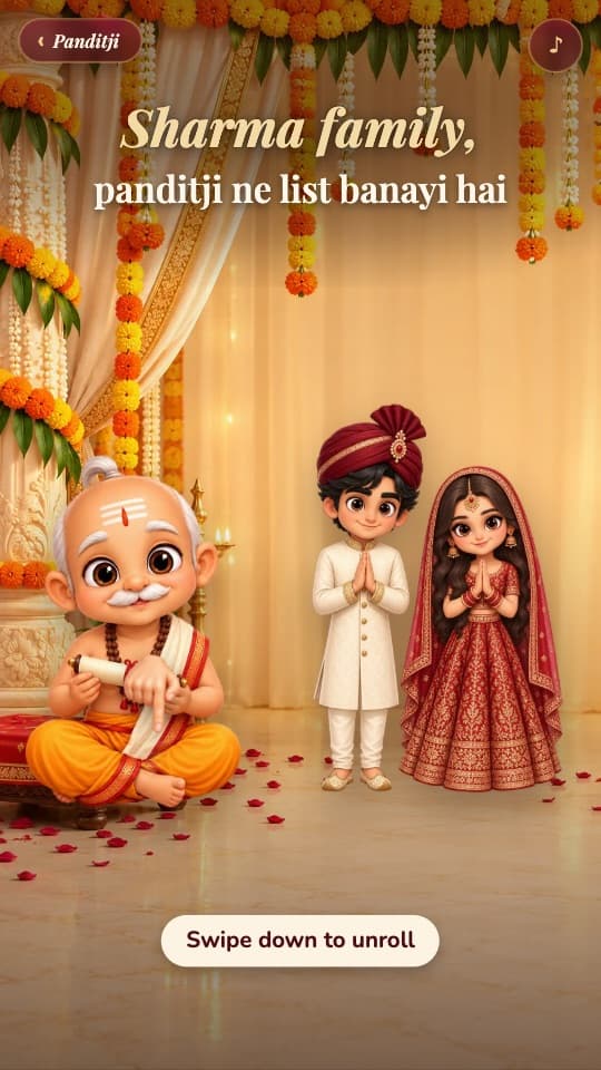 Panditji ki List: panditji holding a rolled scroll beside the couple