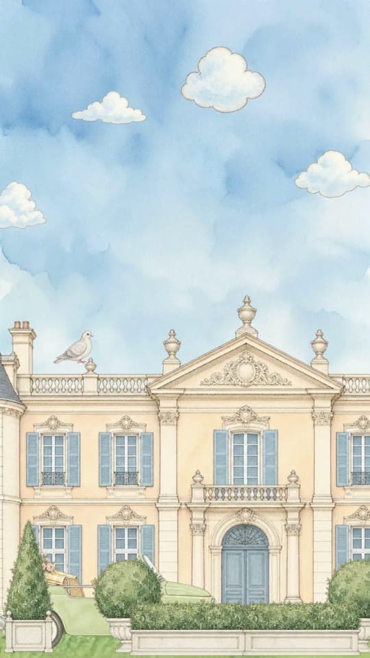 First Dance animated save the date: a cream château under a blue sky