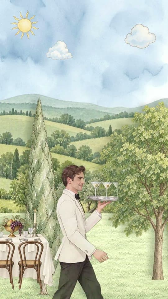 The French Edit animated save the date: a waiter with drinks in green hills
