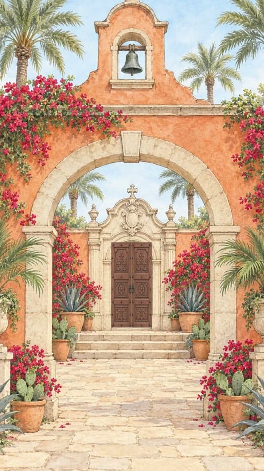Hacienda animated save the date: a terracotta gate and bell tower with bougainvillea