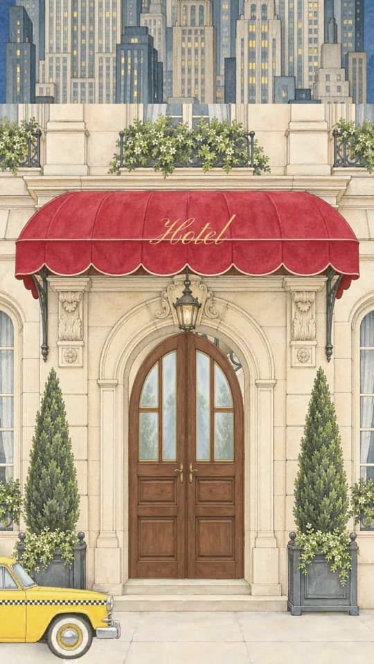 Park Avenue animated save the date: a hotel with a red awning and a yellow taxi