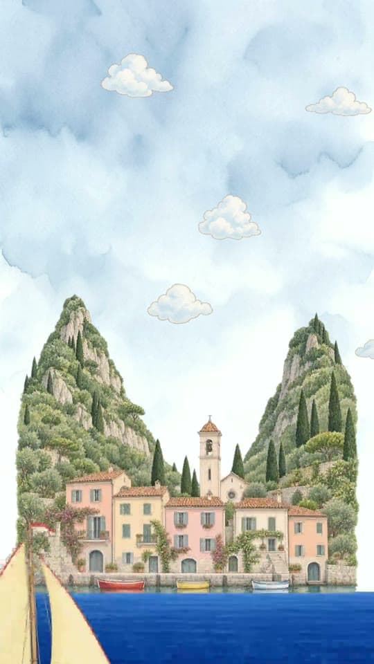 Seaside animated save the date: a cliffside village and a sailboat
