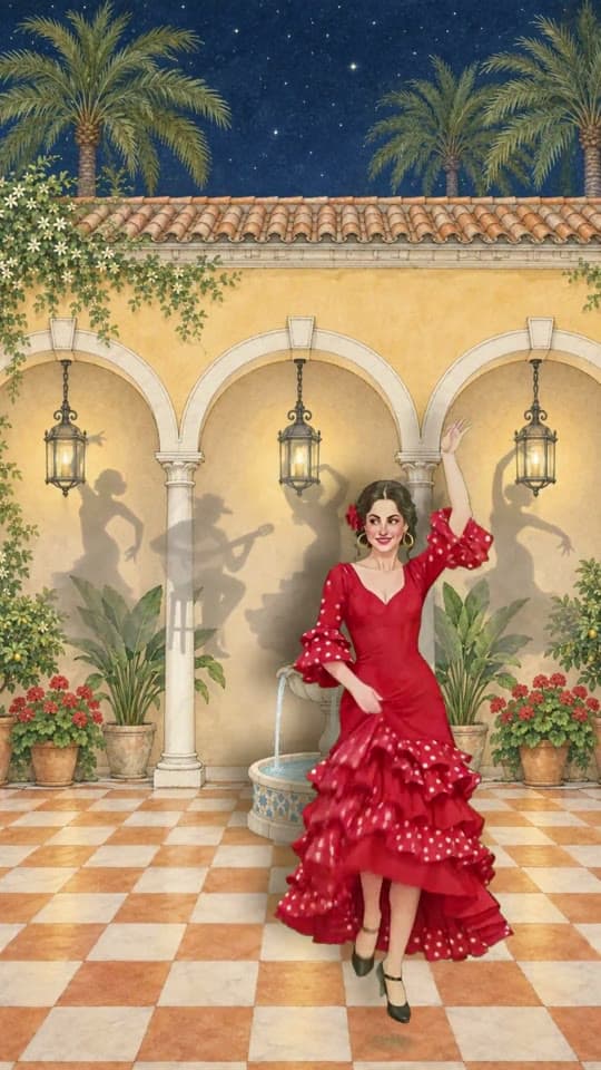 Sevilla animated save the date: a flamenco dancer in a tiled courtyard