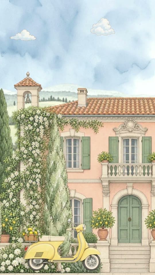 Toscana animated save the date: a villa with a yellow scooter