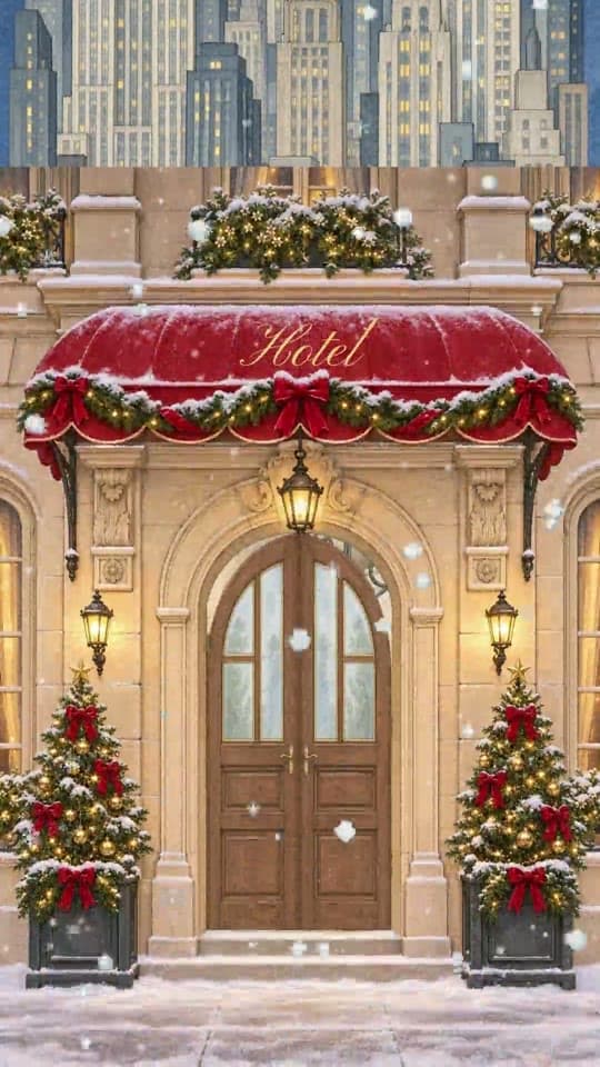 Winter Vow animated save the date: a hotel doorway with Christmas trees and snow