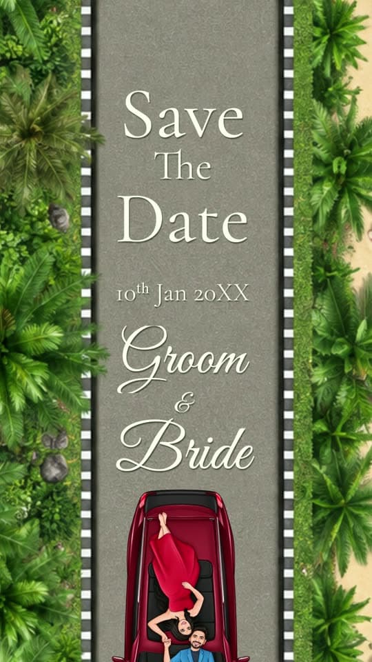Coastal Drive, caricature save the date video: the two of you in a red convertible down a palm-lined coast road