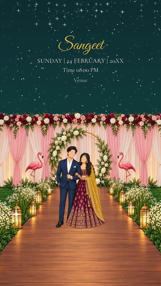 Gold Colonnade, caricature wedding invitation video: a card on the table opens to a gold colonnade, every function and a doli at dusk