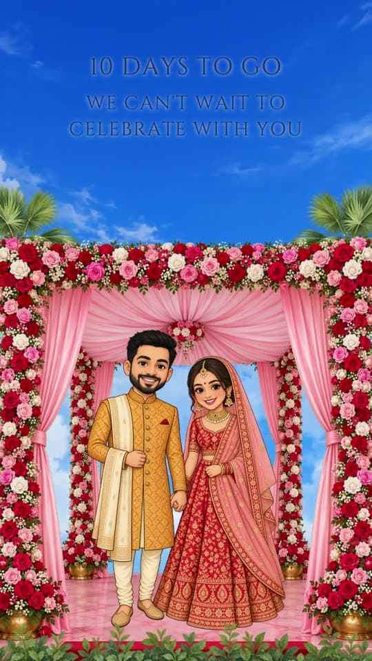 Countdown Mandap, caricature save the date video: a pull-back from the mandap canopy to the two of you — and the days to go