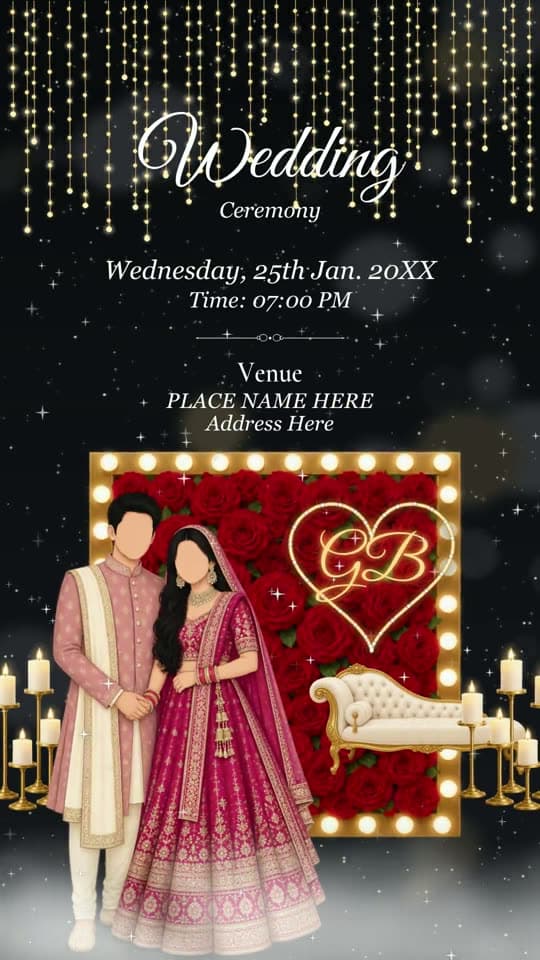 Golden Doors, caricature wedding invitation video: gold doors open onto a corridor, then paint splashes into every function