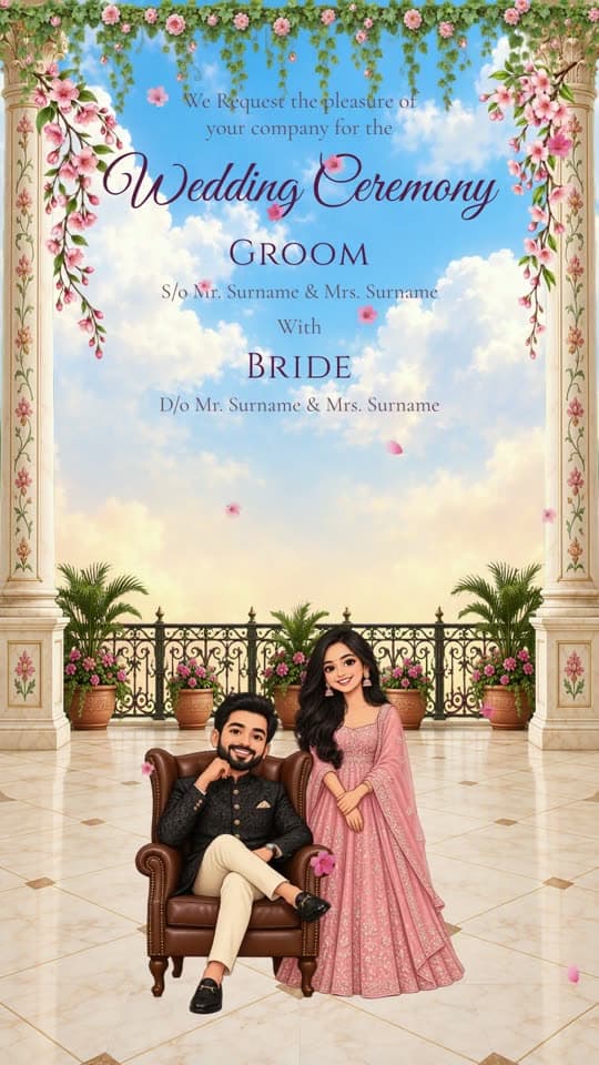 Palace Terrace, caricature wedding invitation video: one terrace from day to night — the sky, skyline and garlands change for every function