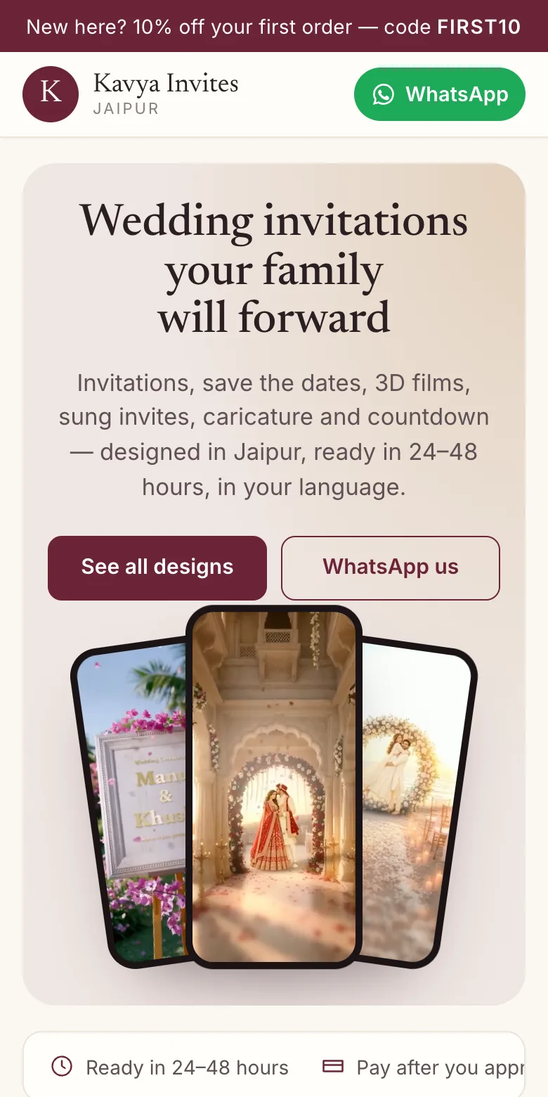 Kavya Invites sample shop: offer bar, headline and film previews