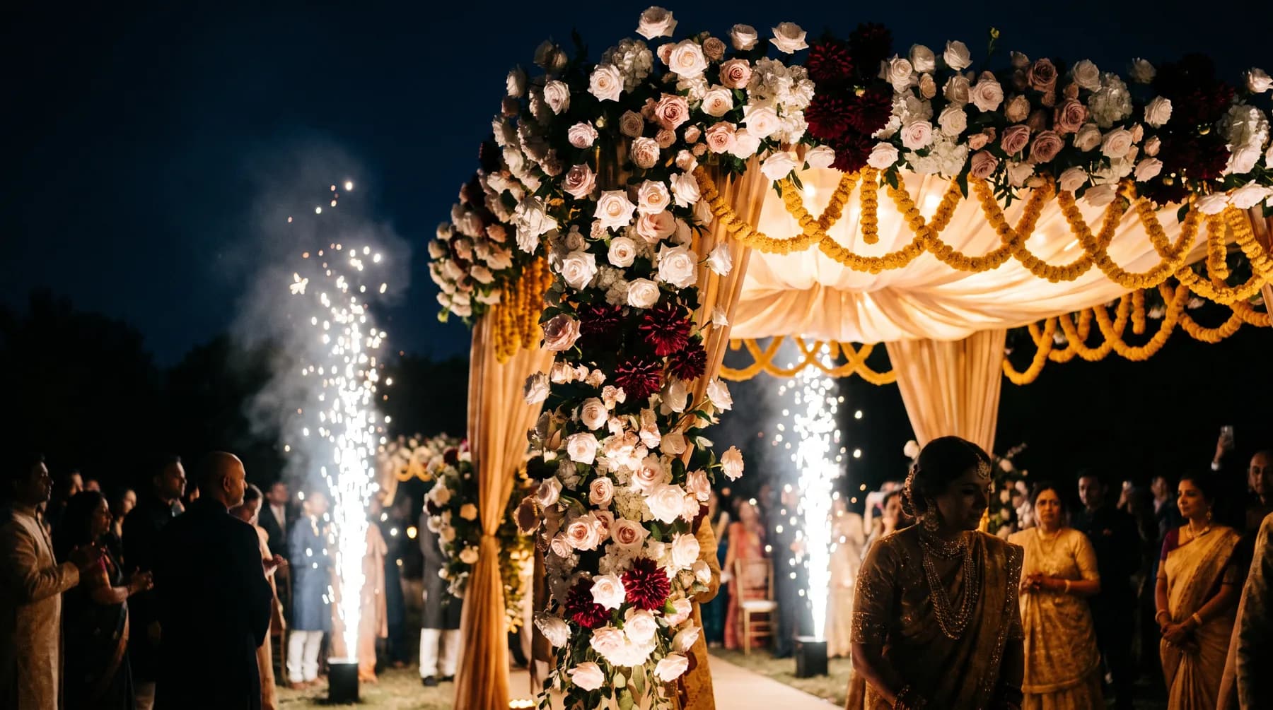 A flower-covered mandap with sparklers at a night wedding