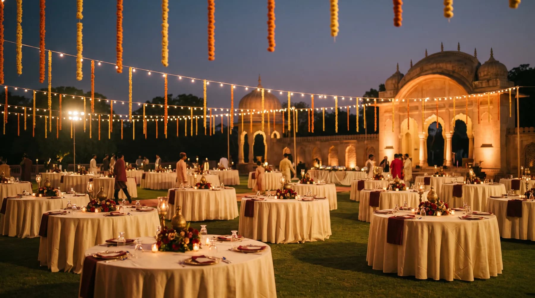 Guests seated for dinner on a lit lawn at night