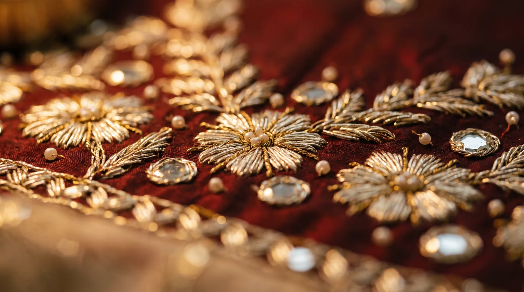 Gold zardozi embroidery on maroon silk